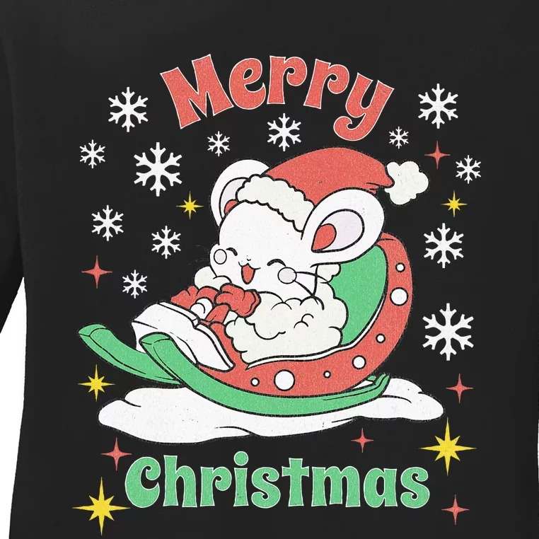 Merry Xmas Cute Mouse Winter Sleigh Ladies Long Sleeve Shirt