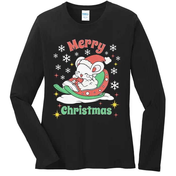 Merry Xmas Cute Mouse Winter Sleigh Ladies Long Sleeve Shirt