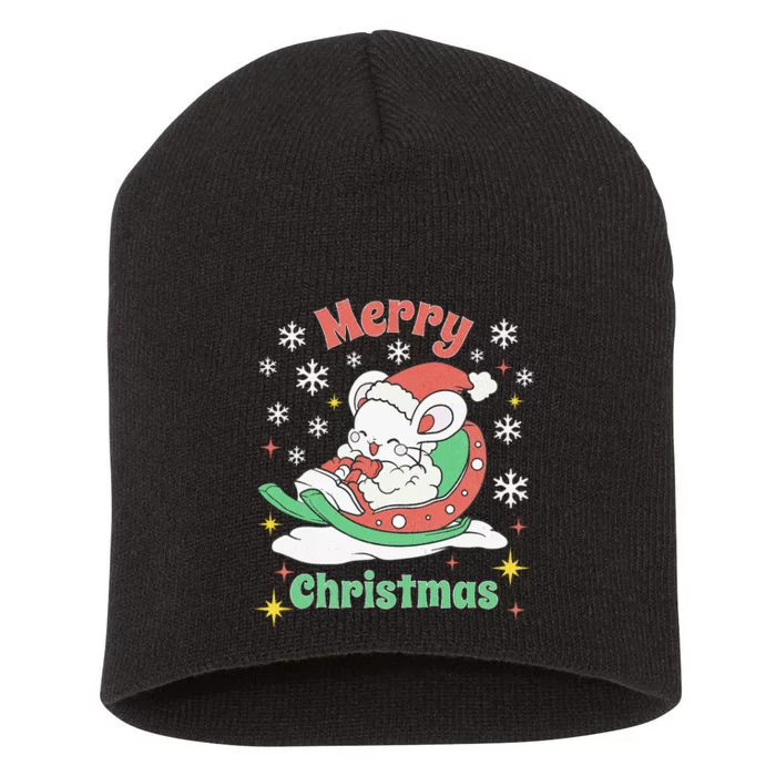 Merry Xmas Cute Mouse Winter Sleigh Short Acrylic Beanie