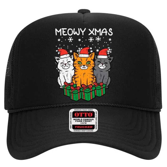 Meowy Xmas Christmas Cats Santa Cute Kitten Wo Girl High Crown Mesh Trucker Hat