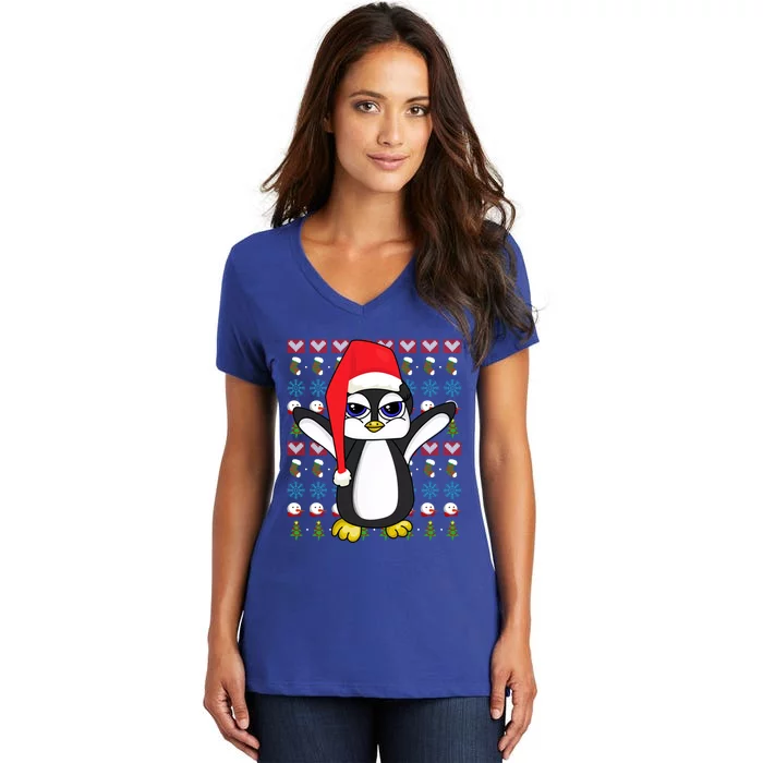 Merry Xmas Cute Zoo Animal Lover Ugly Christmas Penguin Gift Women's V-Neck T-Shirt