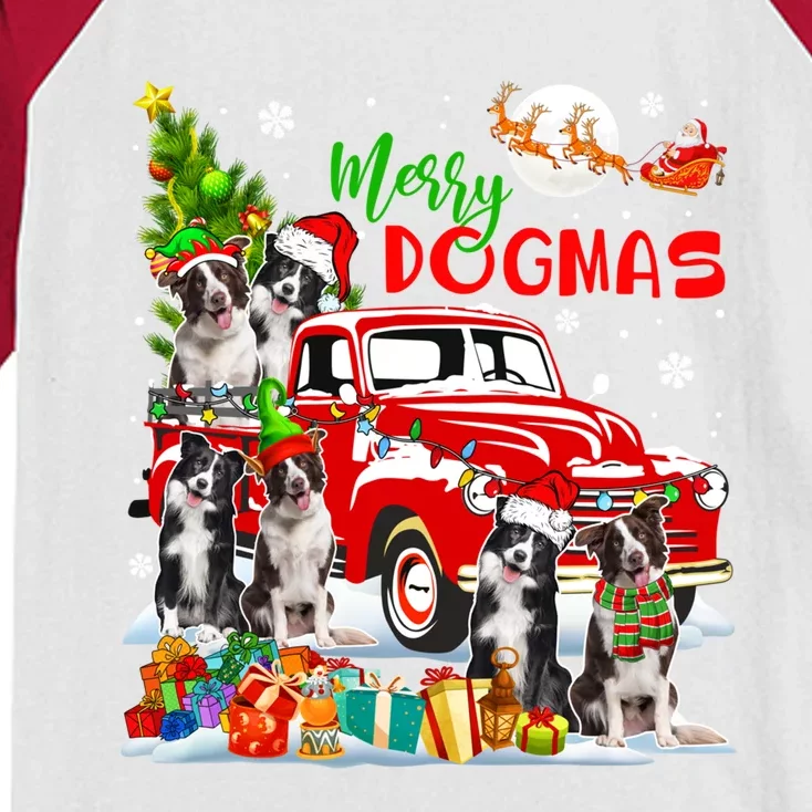 Merry Xmas Dog Group Santa Border Collies On Red Pickup Cute Gift Kids Colorblock Raglan Jersey