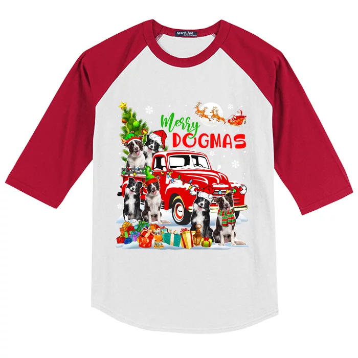 Merry Xmas Dog Group Santa Border Collies On Red Pickup Cute Gift Kids Colorblock Raglan Jersey