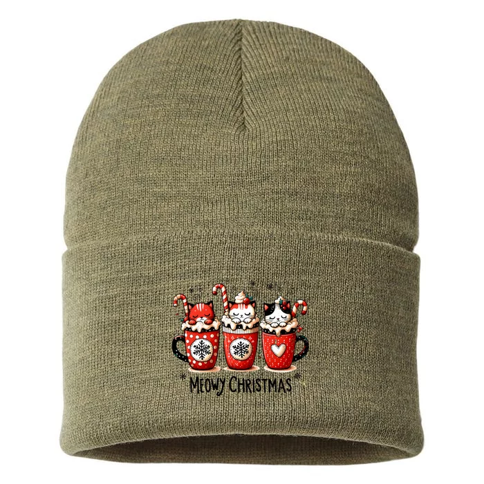 Merry Xmas Graphic Meowy Christmas Cute Cats And Coffee Sustainable Knit Beanie