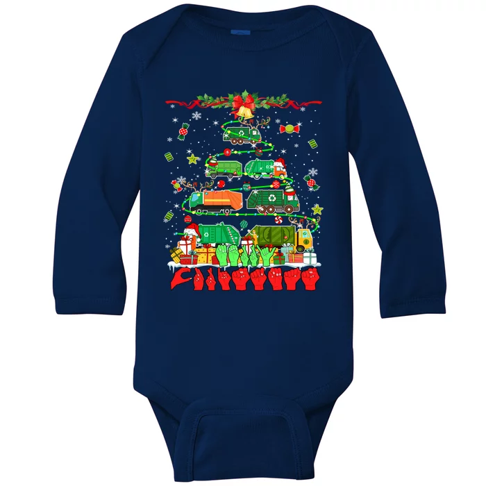 Merry Xmas Hands Sign Language Garbage Trucks Christmas Tree Meaningful Gift Baby Long Sleeve Bodysuit