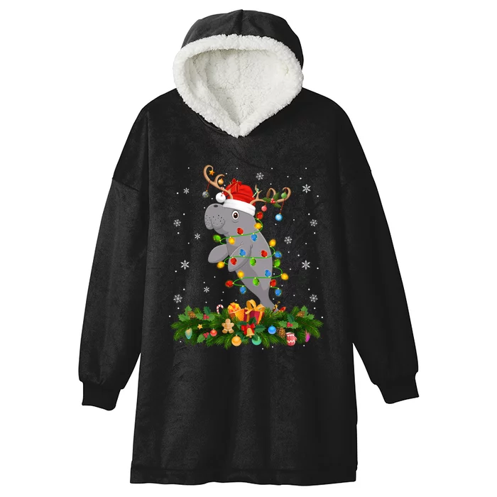 Manatee Xmas Lighting Reindeer Santa Hat Manatee Christmas Long Sleeve Hooded Wearable Blanket