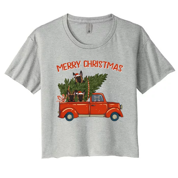 Malinois Xmas Vintage Red Pickup Retro Truck Gift Women's Crop Top Tee