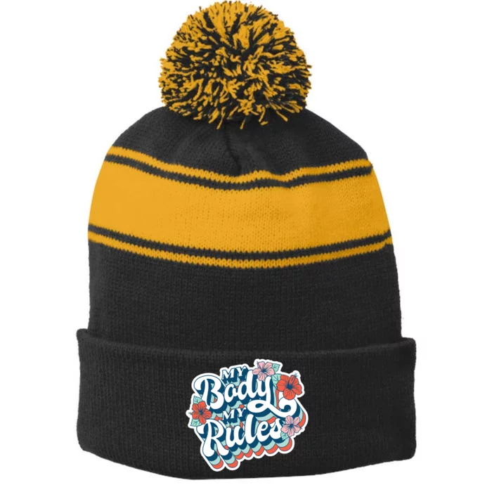 My Body My Rules Floral Stripe Pom Pom Beanie