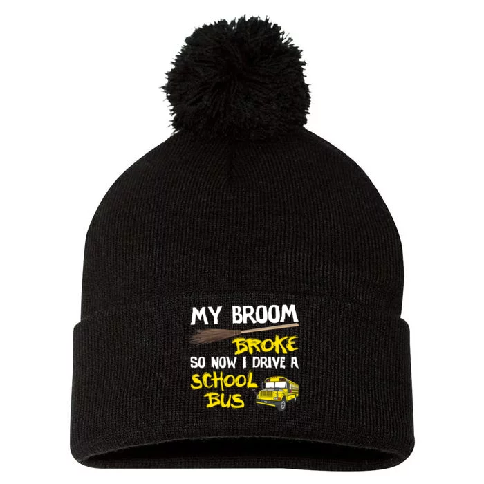 My Broom Broke Drive School Bus Pom Pom 12in Knit Beanie