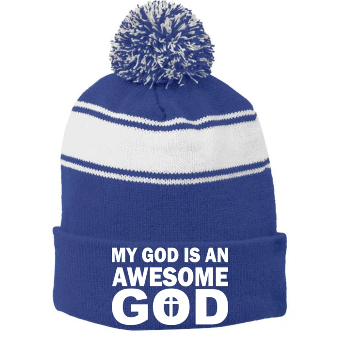 My God Is An Awesome God Stripe Pom Pom Beanie