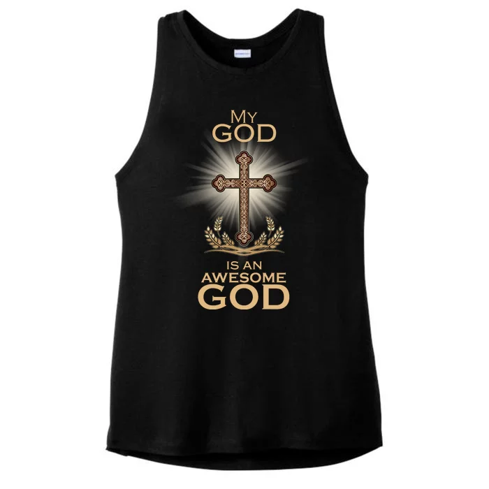 My God Is An Awesome God Vintage Cross Ladies Tri-Blend Wicking Tank