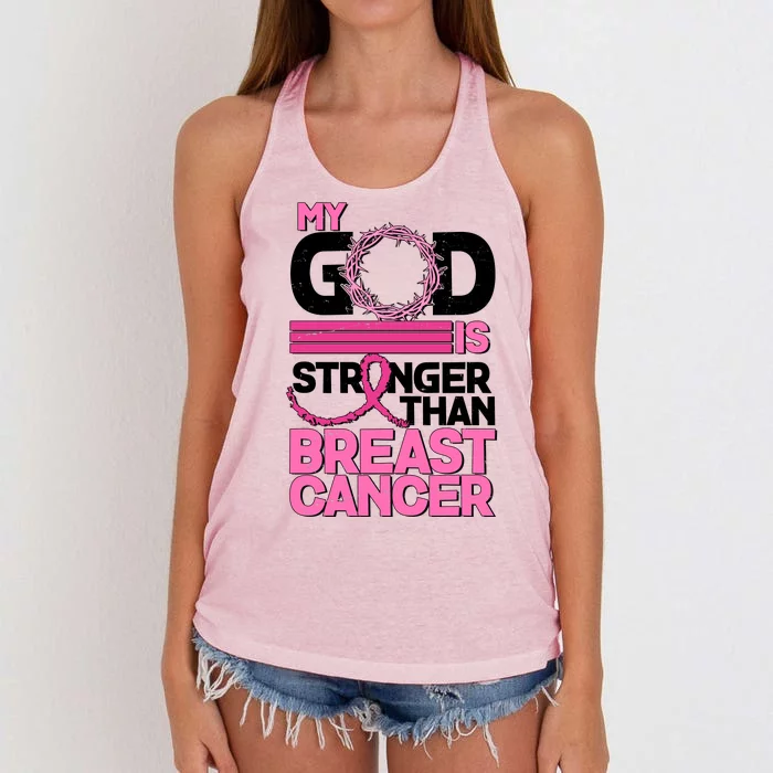 My God Is Stronger Than Breast Cancer Awareness Women's Knotted Racerback Tank