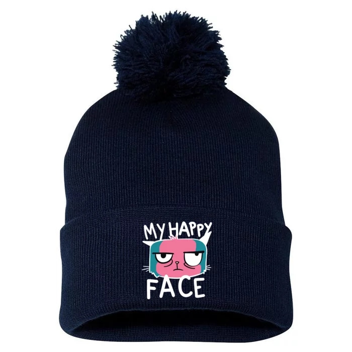 My Happy Cat Face Grumpy Pom Pom 12in Knit Beanie