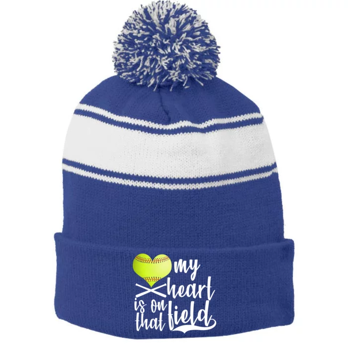 My Heart Is On That Field Baseball Stripe Pom Pom Beanie