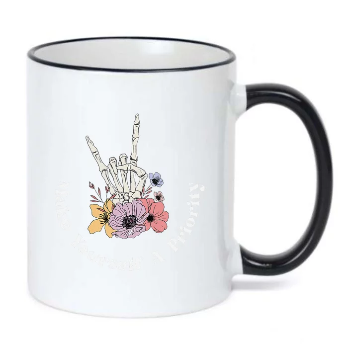 Make Yourself A Priority Cute Skeleton Hand Rock On Flowers Black Color Changing Mug