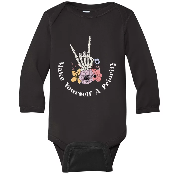 Make Yourself A Priority Cute Skeleton Hand Rock On Flowers Baby Long Sleeve Bodysuit