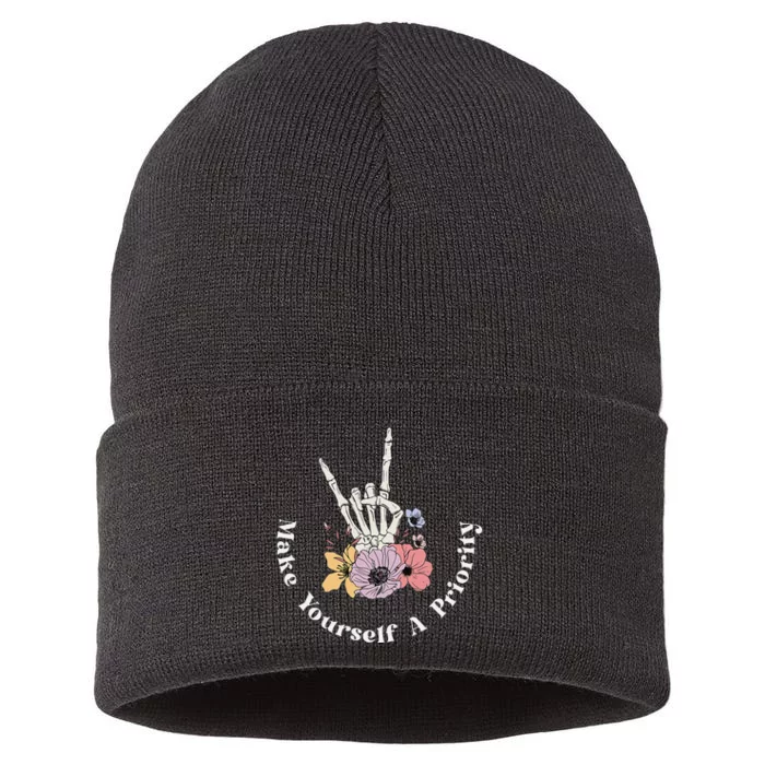 Make Yourself A Priority Cute Skeleton Hand Rock On Flowers Sustainable Knit Beanie