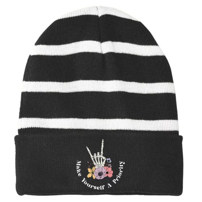 Make Yourself A Priority Cute Skeleton Hand Rock On Flowers Striped Beanie with Solid Band