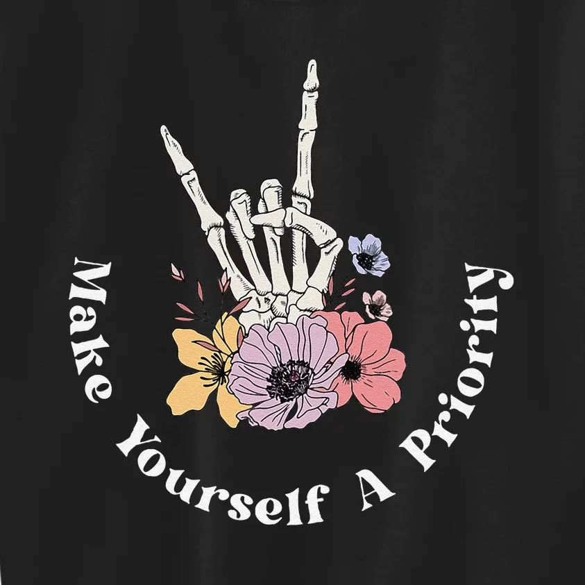 Make Yourself A Priority Cute Skeleton Hand Rock On Flowers Kids Sweatshirt