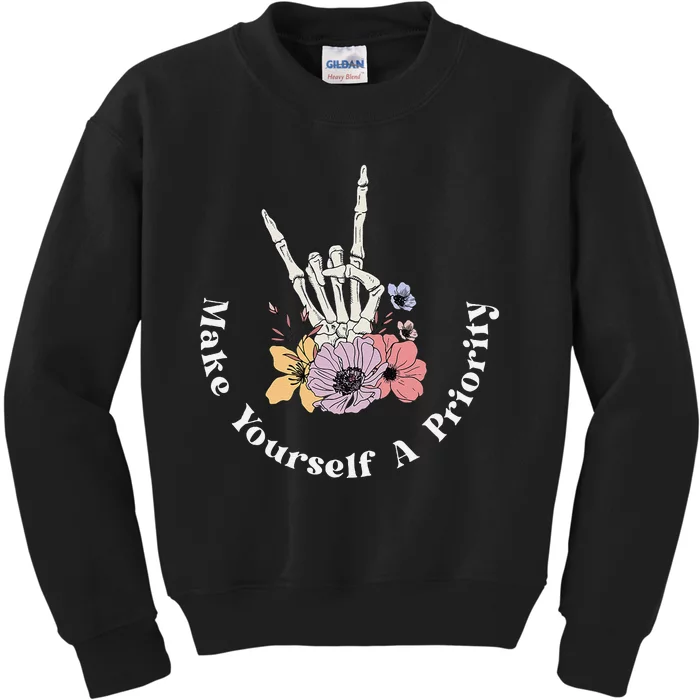 Make Yourself A Priority Cute Skeleton Hand Rock On Flowers Kids Sweatshirt