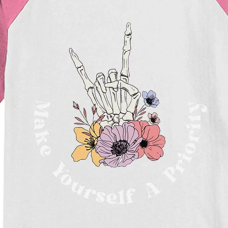 Make Yourself A Priority Cute Skeleton Hand Rock On Flowers Kids Colorblock Raglan Jersey