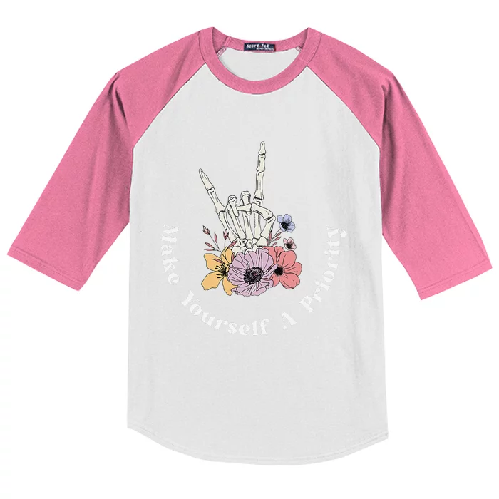 Make Yourself A Priority Cute Skeleton Hand Rock On Flowers Kids Colorblock Raglan Jersey