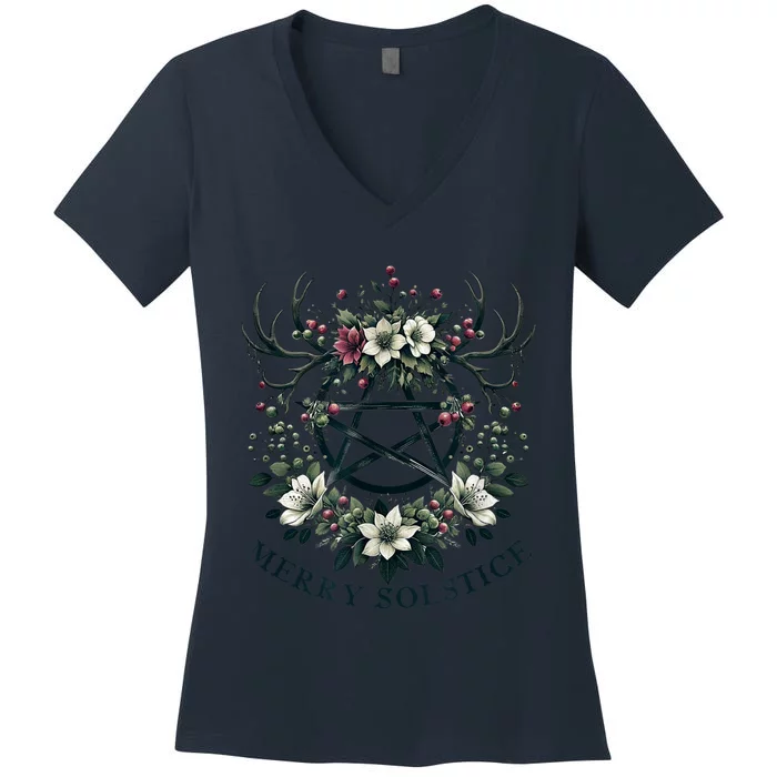 Merry Yule And Happy Winter Solstice Reindeer Christmas Xmas Women's V-Neck T-Shirt