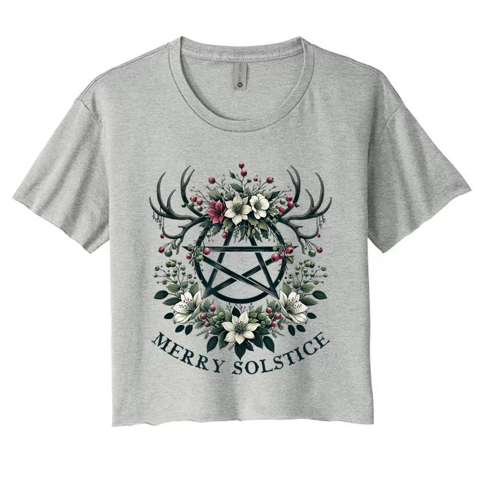 Merry Yule And Happy Winter Solstice Reindeer Christmas Xmas Women's Crop Top Tee