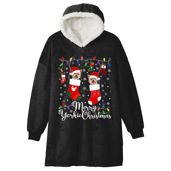 Merry Yorkie Christmas Yorkshire Terrier Xmas Party Long Sleeve Hooded Wearable Blanket