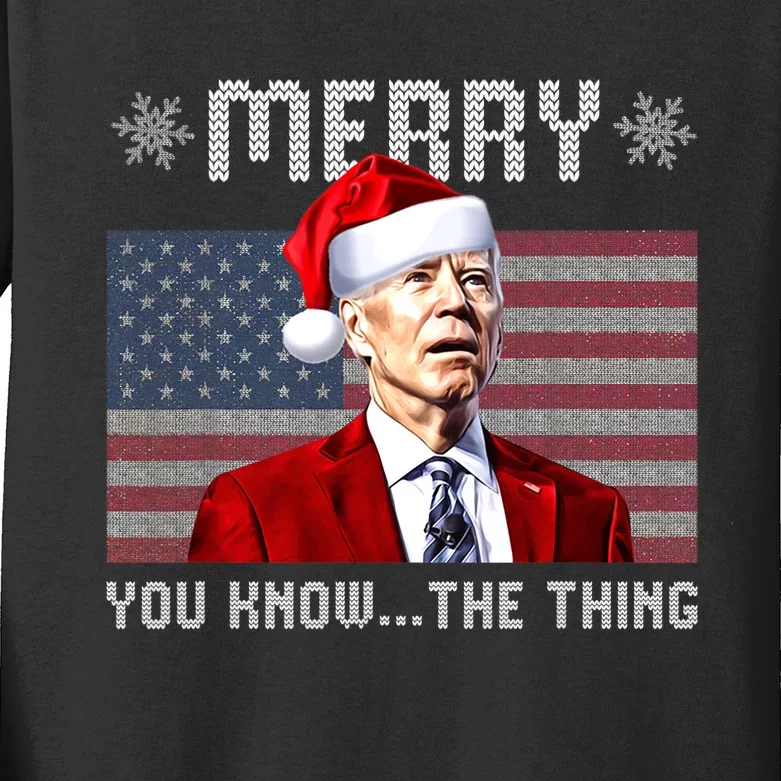 Merry You Know The Thing Christmas Biden Santa American Flag Kids Long Sleeve Shirt