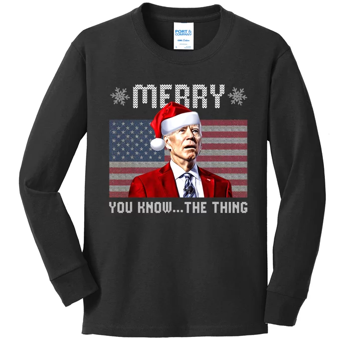 Merry You Know The Thing Christmas Biden Santa American Flag Kids Long Sleeve Shirt