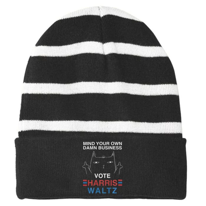 Mind Your Own Damn Business Harris Waltz Cat Lady Striped Beanie with Solid Band