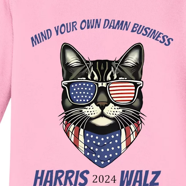 Mind Your Own Damn Business Patriotic Cat Funny Harris Walz Baby Long Sleeve Bodysuit