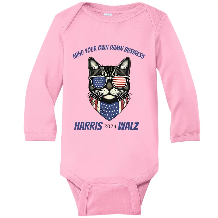 Mind Your Own Damn Business Patriotic Cat Funny Harris Walz Baby Long Sleeve Bodysuit