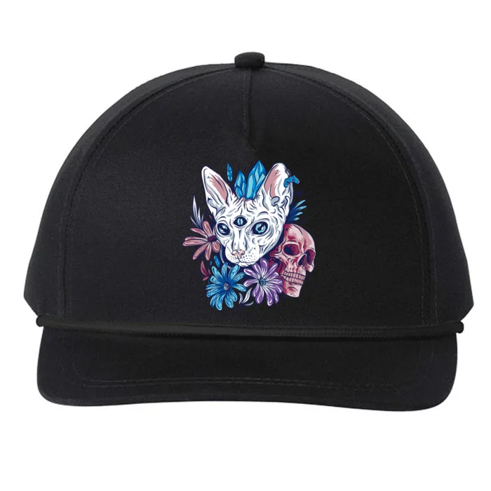 Mystic Cat Skull Floral Snapback Five-Panel Rope Hat