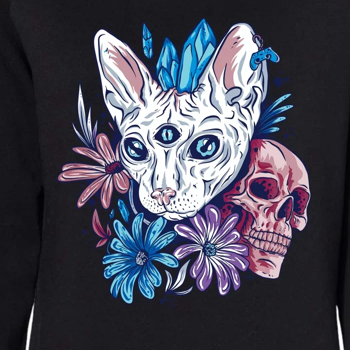 Mystic Cat Skull Floral Womens California Wash Sweatshirt