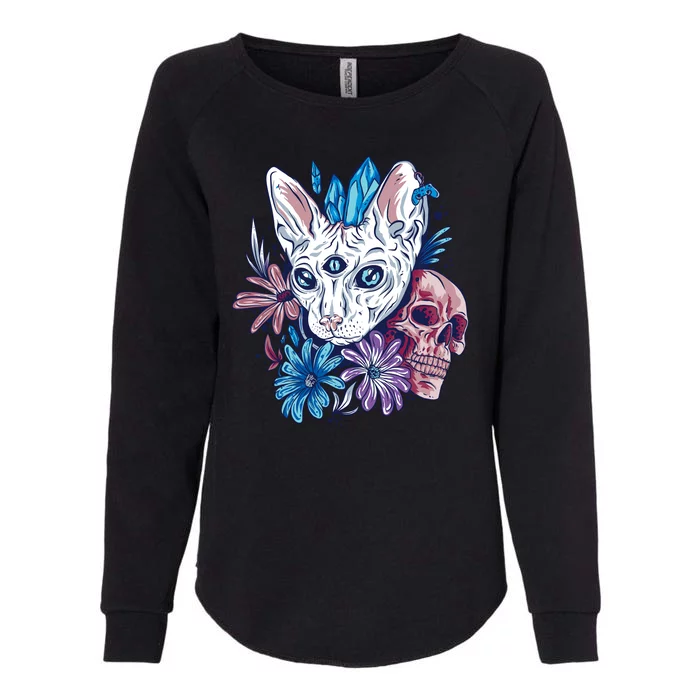 Mystic Cat Skull Floral Womens California Wash Sweatshirt