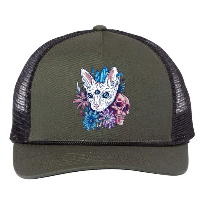 Mystic Cat Skull Floral Retro Rope Trucker Hat Cap