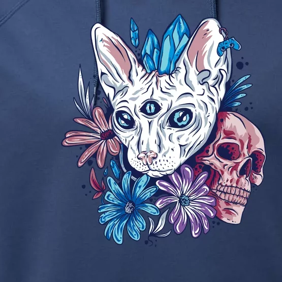 Mystic Cat Skull Floral Performance Fleece Hoodie