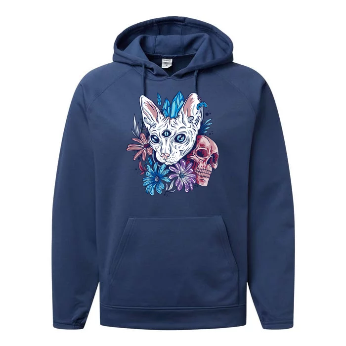 Mystic Cat Skull Floral Performance Fleece Hoodie