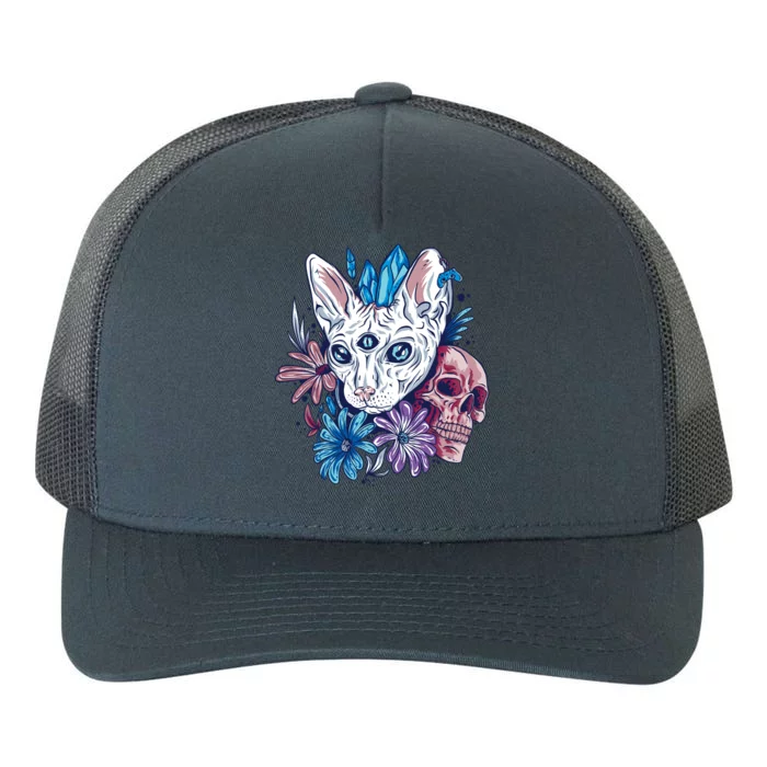 Mystic Cat Skull Floral Yupoong Adult 5-Panel Trucker Hat