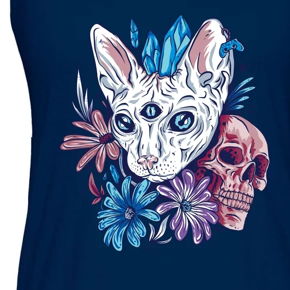 Mystic Cat Skull Floral Ladies Essential Flowy Tank