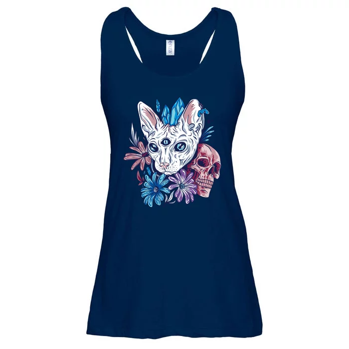 Mystic Cat Skull Floral Ladies Essential Flowy Tank