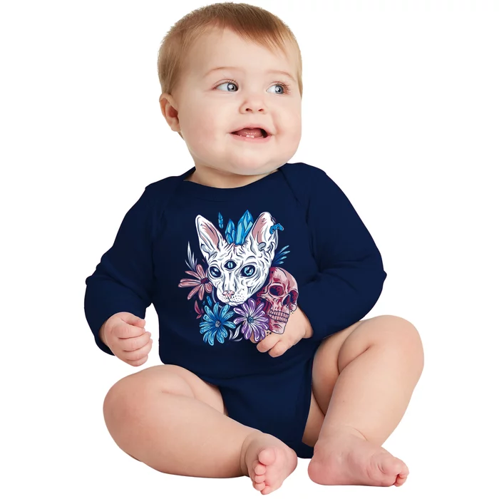 Mystic Cat Skull Floral Baby Long Sleeve Bodysuit