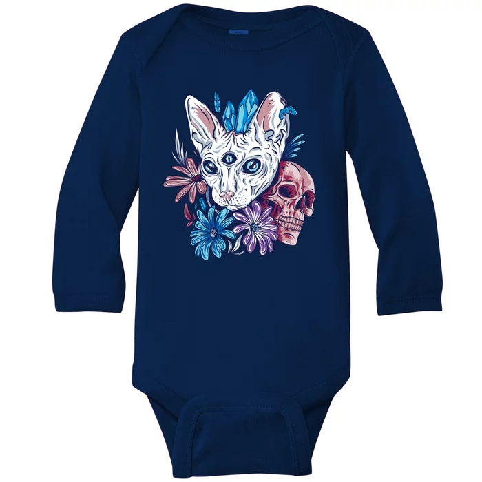 Mystic Cat Skull Floral Baby Long Sleeve Bodysuit