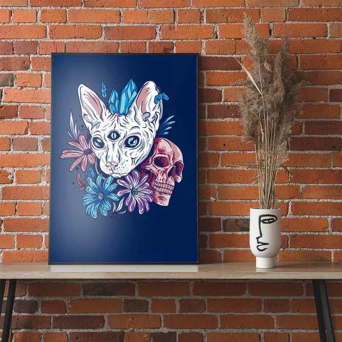 Mystic Cat Skull Floral Poster