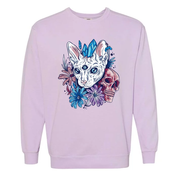 Mystic Cat Skull Floral Garment-Dyed Sweatshirt