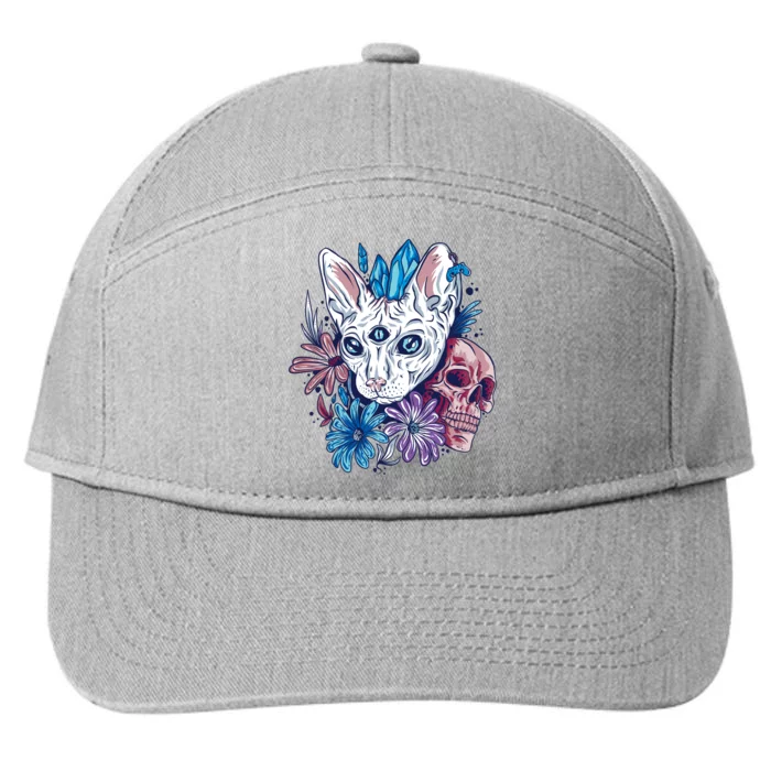 Mystic Cat Skull Floral 7-Panel Snapback Hat