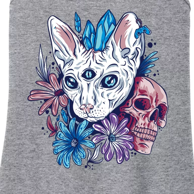 Mystic Cat Skull Floral Ladies Essential Tank