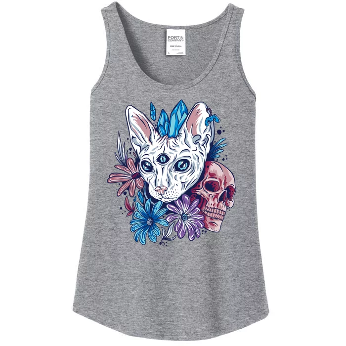 Mystic Cat Skull Floral Ladies Essential Tank